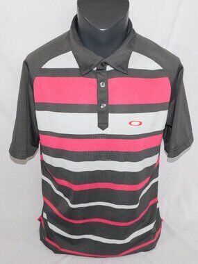 Oakley Short Sleeve Pink Grey Striped Polo Golf Shirt Regular Fit Mens L